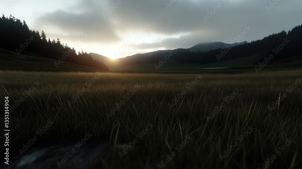 Obraz premium Sunrise over a grassy valley, with silhouettes of mountains and trees. A serene, tranquil morning scene, highlighted by the golden sunbeams piercing through the clouds