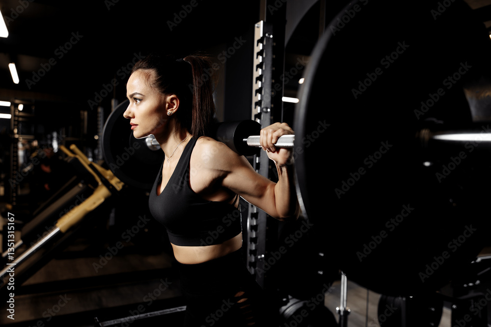 Φωτογραφία Close-up photo of strong woman doing squats exercises with heavy barbell in the
