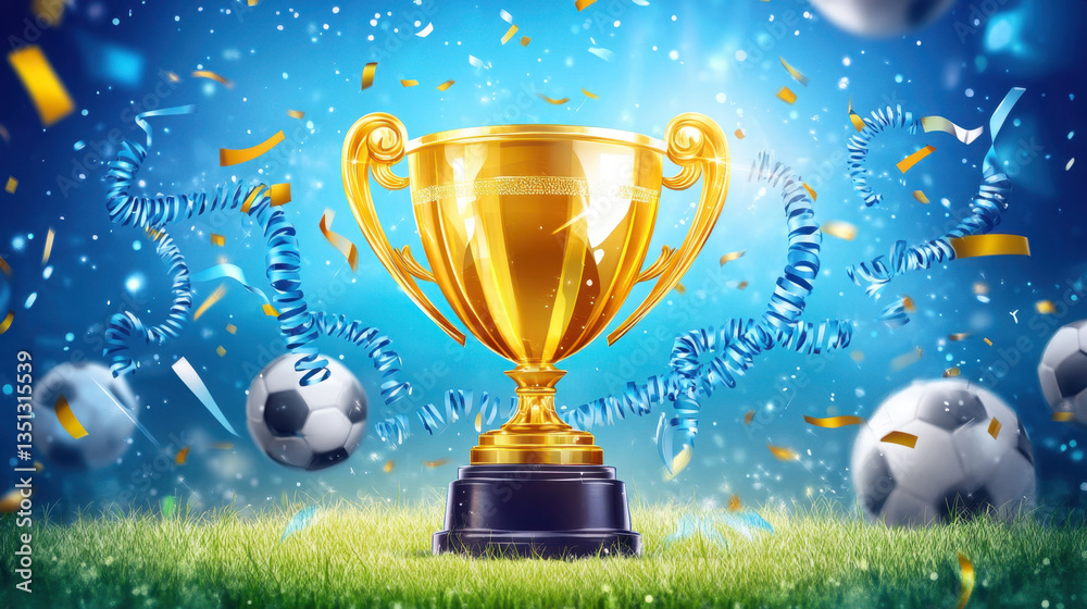 Golden Trophy Surrounded by Soccer Balls and Colorful Confetti Golden Trophy Surrounded by Soccer Balls and Colorful Confetti