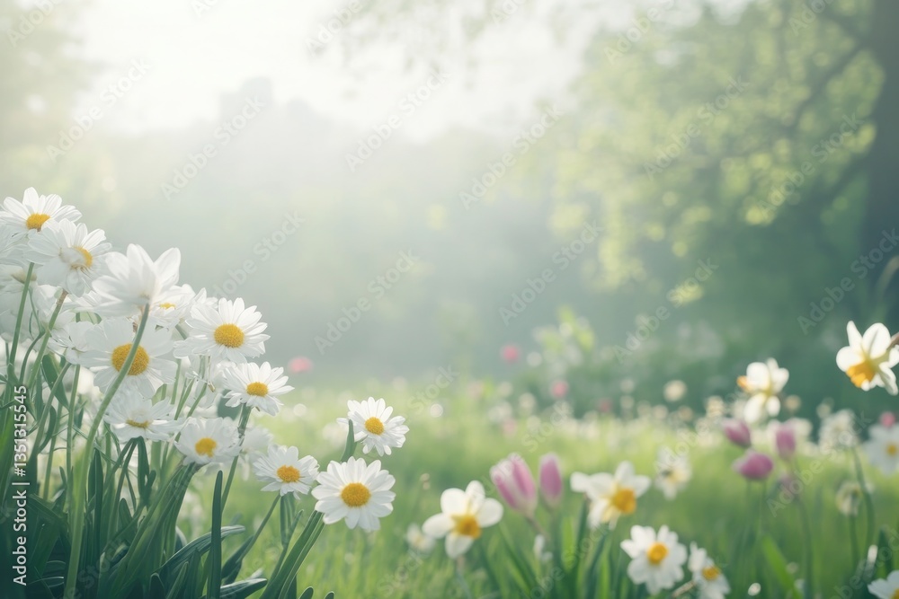 Fototapeta premium serene landscape showcasing vibrant spring flowers in full bloom with greenery soft light and ample copy space