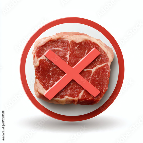 Red prohibited sign over raw meat in a circular background  