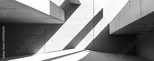 A striking black and white photograph captures the rugged texture of a concrete building, showcasing its geometric lines and shadows that create a dramatic interplay of light and form.
