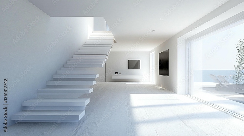 Fototapeta premium Modern minimalist white interior design with staircase, ocean view, and sunlight.