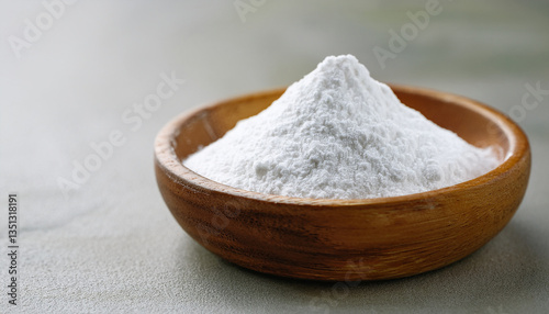 White zinc oxide powder in small wooden bowl. Healthcare and medical supplement product.