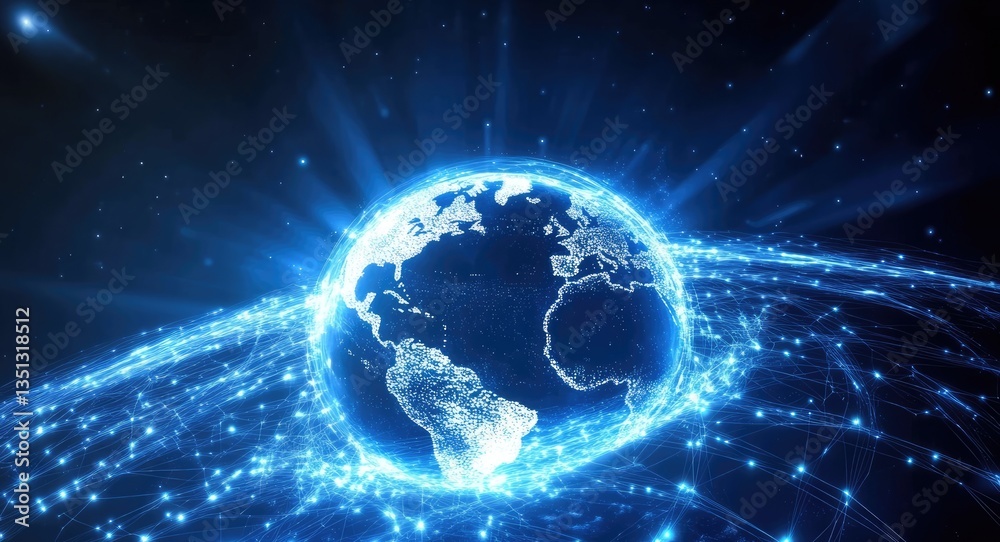 Obraz premium A glowing digital Earth surrounded by a network of blue light connections against a starry background