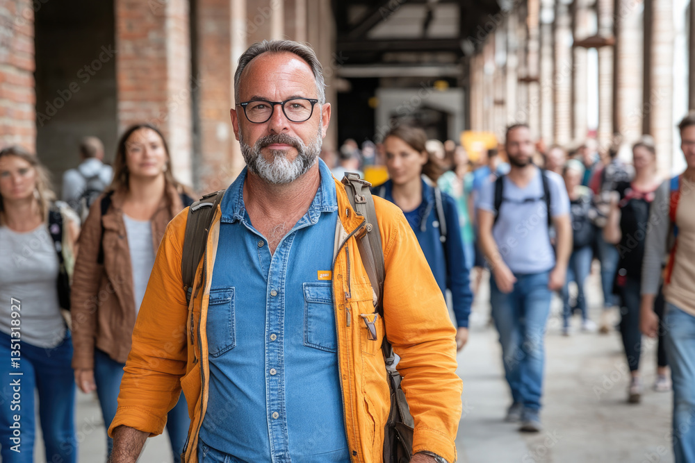 confident man walking in busy urban setting confident man walking in busy urban setting