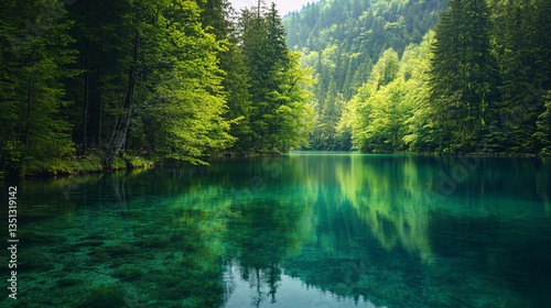 A crystal-clear lake reflects the surrounding lush green forests, making it a perfect nature escape.