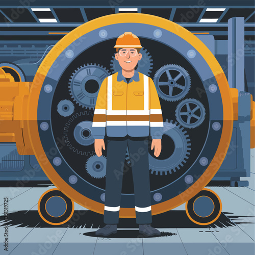 2d vector illustration colorful machine , worker and Industry and its development technology, factories and production lines icon
