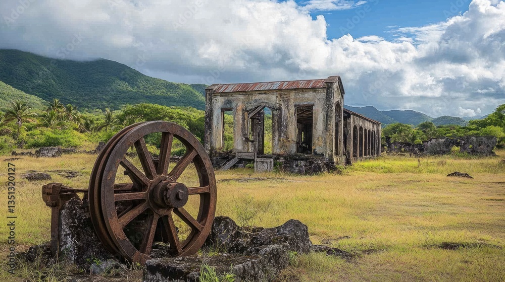 Fototapeta premium Historical Sugar Mill Ruins on the Island of Nevis, Caribbean - A Journey Through Industry and Time