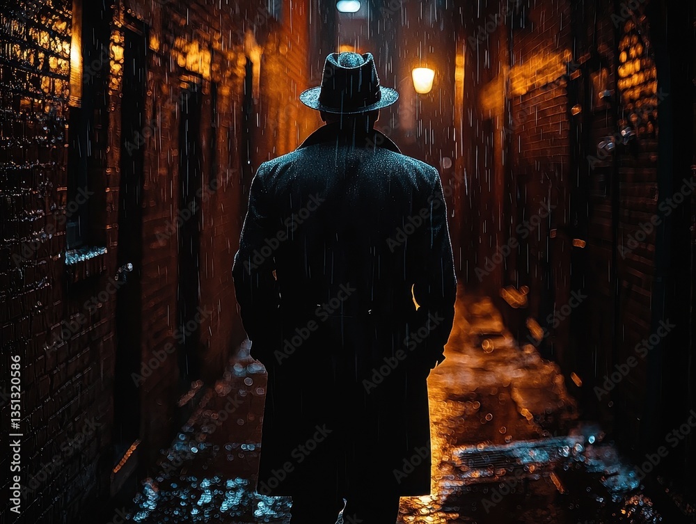 Obraz premium Mysterious figure in a trench coat walks through a rainy alley at night