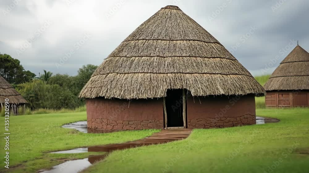 Traditional thatched hut surrounded by lush greenery in a rural environment on an overcast day Traditional thatched hut surrounded by lush greenery in a rural environment on an overcast day