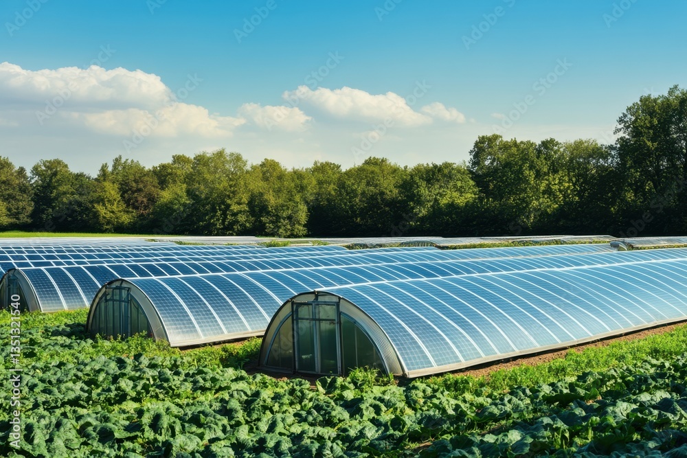 Sustainable farming with solar panel greenhouses in a lush landscape Sustainable farming with solar panel greenhouses in a lush landscape