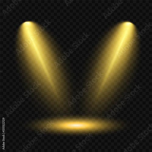 Bright light flash with cross-shaped beams, radiant white starburst, glowing flare overlay. Spotlight and Star with Bokeh and Dust Effect. Glowing Abstract. Yellow light effects. Light design element.