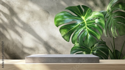 Empty concrete display stand with monstera plants.  Background.  Product presentation