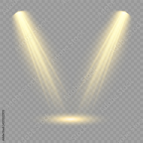 Bright light flash with cross-shaped beams, radiant white starburst, glowing flare overlay. Spotlight and Star with Bokeh and Dust Effect. Glowing Abstract. Yellow light effects. Light design element.