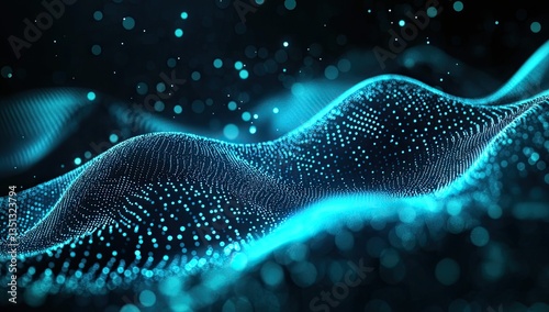 Abstract digital wave design.  A mesmerizing display of interconnected glowing points forming undulating waves against a dark background.  Soft, bright turquoise highlights accentuate the design photo