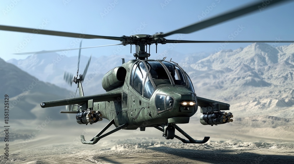 Military Assault Helicopter: Front View of an Armed Aircraft in Camouflage Green for Defense and Warfare Military Assault Helicopter: Front View of an Armed Aircraft in Camouflage Green for Defense and Warfare