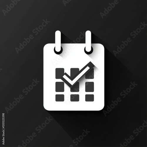 Marked Date: Calendar Icon with Checkmark and Shadow on a Dark Background, Indicating a Scheduled Task