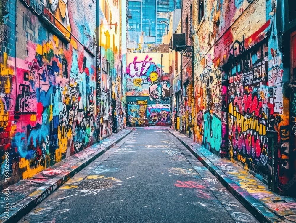 Fototapeta premium Urban streets filled with graffiti-covered buildings and paint signs. The colorful street art creates an urban, edgy feel, with vibrant designs and messages scattered across the walls 
