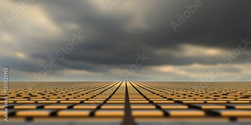 Expansive solar panel field under a dramatic overcast sky, showcasing renewable energy in a modern landscape.