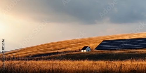 Expansive solar panel field under a dramatic overcast sky, showcasing renewable energy in a modern landscape.