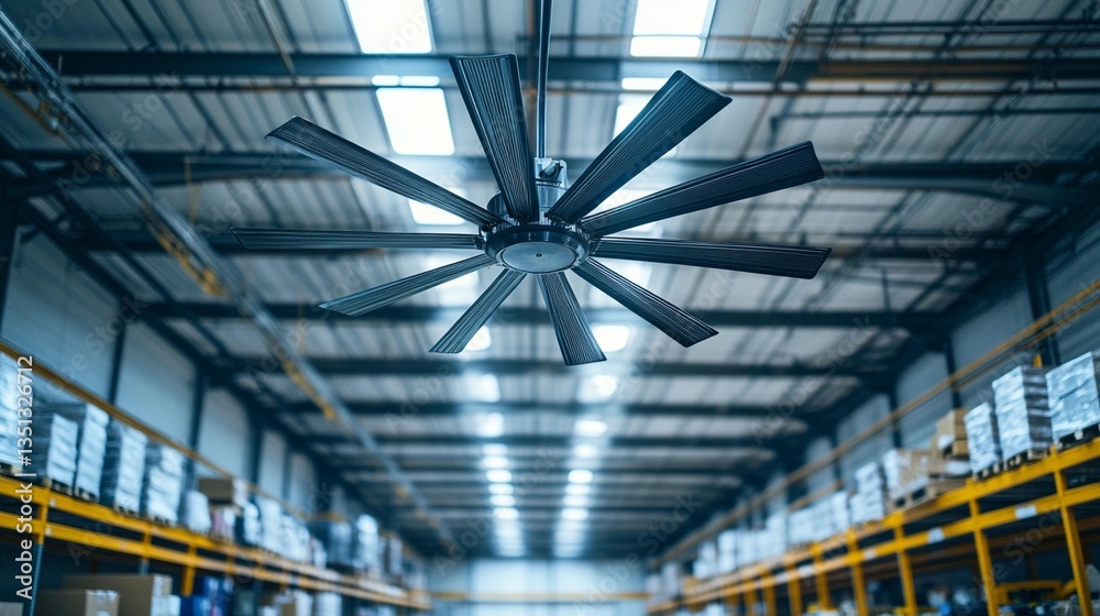Large industrial ceiling fan in a warehouse. Large industrial ceiling fan in a warehouse.