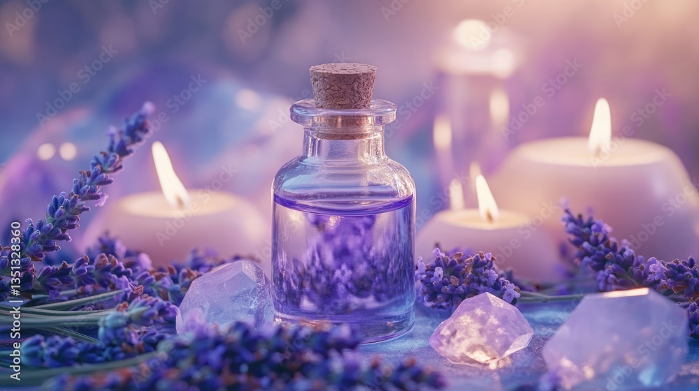 Serene lavender essence in a glass bottle surrounded by candles and crystals, evoking tranquility and relaxation Serene lavender essence in a glass bottle surrounded by candles and crystals, evoking tranquility and relaxation