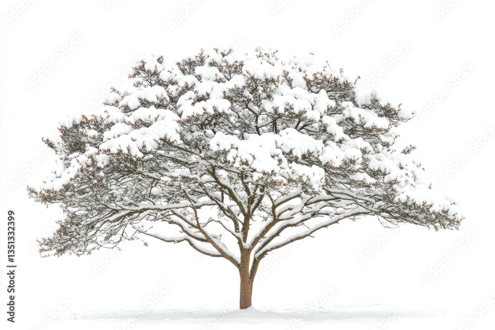 Fototapeta premium A lone snow-covered tree stands in a vast open field, surrounded by untouched snow