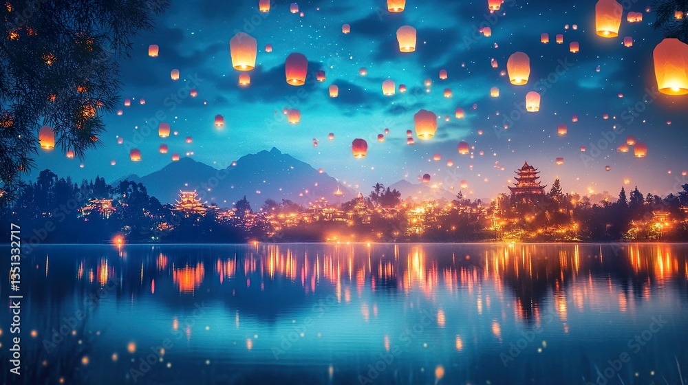 Naklejka premium Illuminated lanterns, serene lake village at dawn