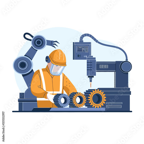 2d vector illustration colorful machine , worker and Industry and its development technology, factories and production lines icon
