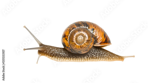 A close-up of a snail crawling slowly on a leaf, showcasing its delicate shell and glistening slime trail.
