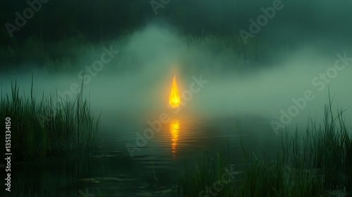 A glowing will-o’-the-wisp floating above a misty swamp, leading travelers into the unknown 