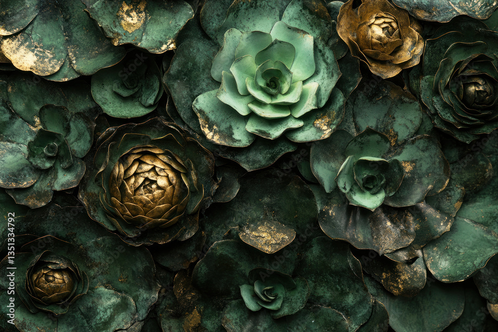 Obraz premium A detailed, realistic, and intricately designed metallic rose garden with a unique, earthy and green color scheme, showcasing a variety of textures and a rich, earthy tone