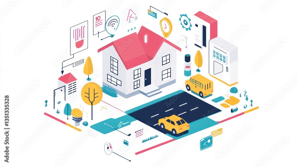 Smart home automation system, suburban street, isometric illustration Smart home automation system, suburban street, isometric illustration