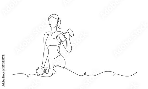 Woman lifting weights continuous one line drawing. Female bodybuilder vector hand drawn
