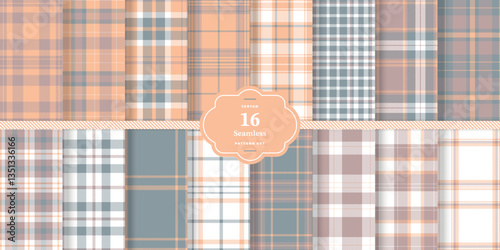 Cream Bisque Tartan patterns fabric texture. Modern Bright Vermillion Seamless Tartan Set of 16