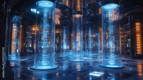 Futuristic Data Center with Glowing Cylinders and Digital Information
