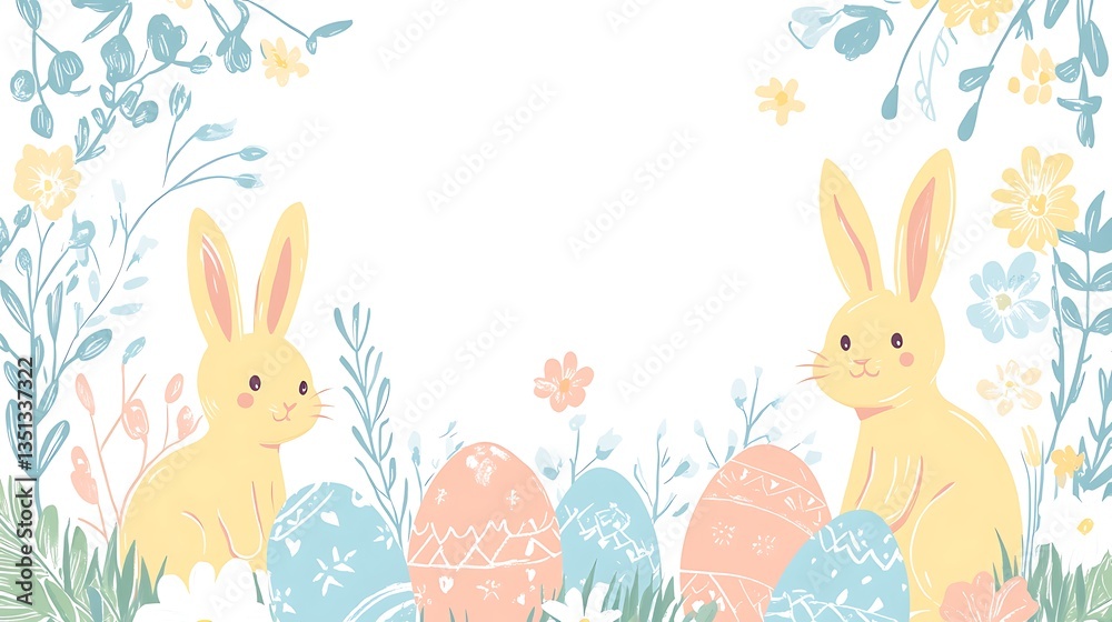 Obraz premium Easter Bunnies Eggs Spring Border.