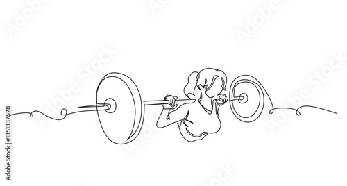 Woman lifting weights continuous one line drawing. Female bodybuilder vector hand drawn