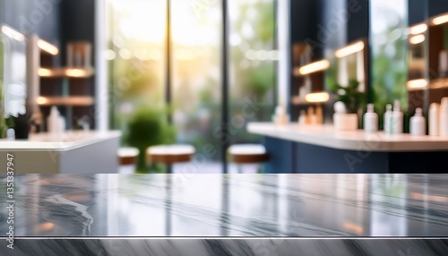 glossy marble table surface on blurred background of modern beauty salon background for decorative cosmetics presentation