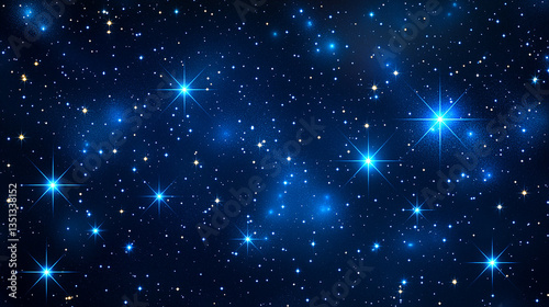 Twinkling blue and white stars illuminate a dark, starry cosmic expanse.