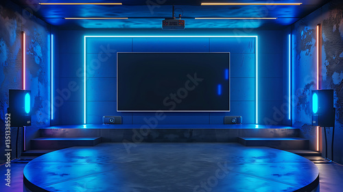 A 3D-rendered TV studio with a wall-mounted TV serves as an ideal backdrop for TV shows, news broadcasts, and green screen or chroma key video and photo
