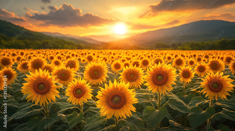 Obraz premium A vast sunflower field stretching across the horizon, with the sun setting in the background casting a warm glow over the vibrant yellow flowers.