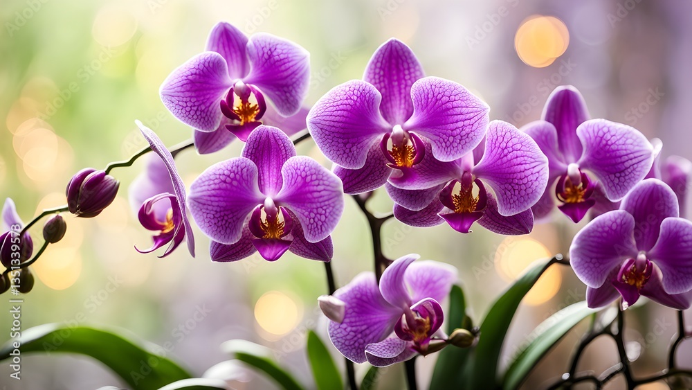 Naklejka premium Close-up vibrant purple orchids a soft bokeh background.