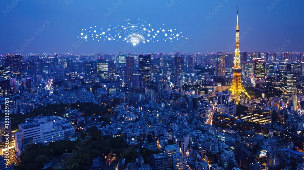 Fototapeta premium Night cityscape, network overlay