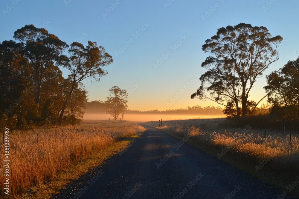 Fototapeta premium Country Road at Sunrise, Through a Misty Field