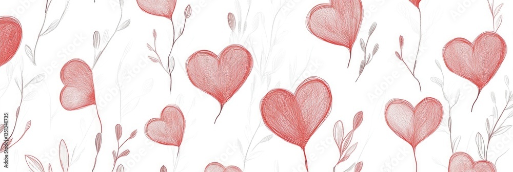 Romantic Heart Pattern with Delicate Branches on White Background