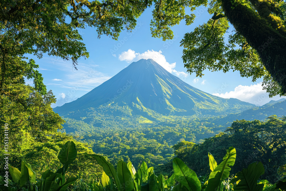 Fototapeta premium A large, majestic, green and gray mountain surrounded by lush, green vegetation and a blue sky with white clouds