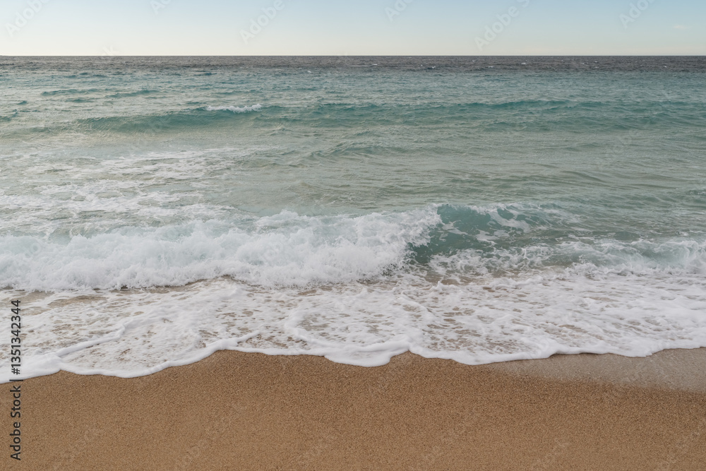 Empty sand beach on Mediterranean sea with horizon line vacation background Empty sand beach on Mediterranean sea with horizon line vacation background