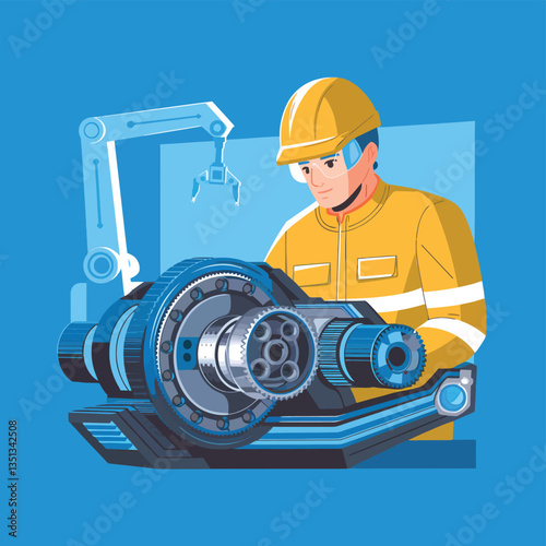 2d vector illustration colorful machine , worker and Industry and its development technology, factories and production lines icon
